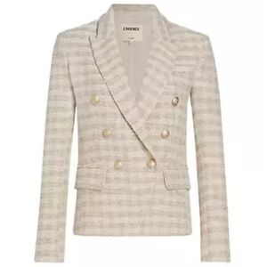 L’AGENCE Kenzie Double Breasted Blazer Shoulder Pads Ecru-Gold Check 16 NWT
